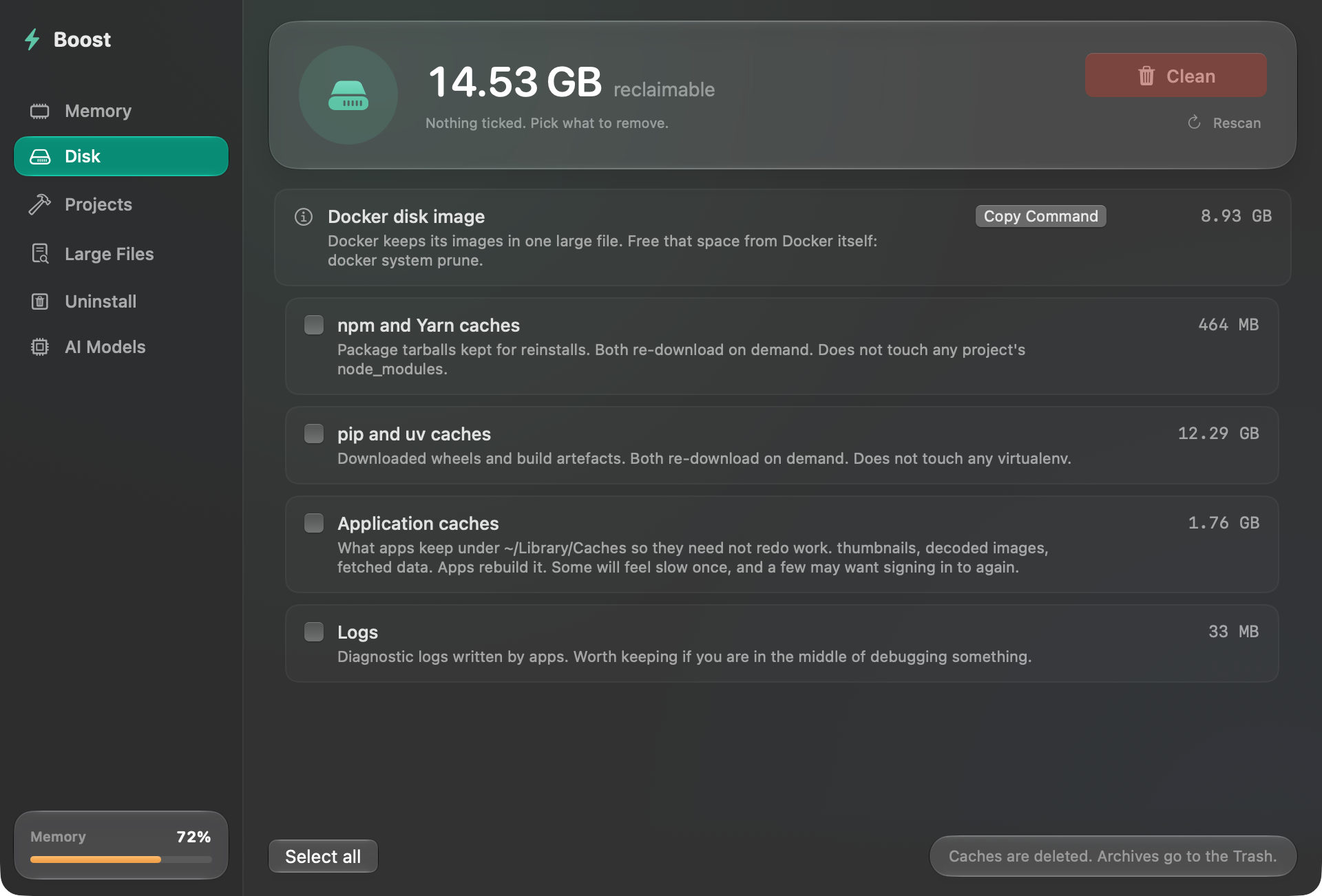 Boost's Disk tab, listing reclaimable caches with an explanation of each one and nothing ticked by default.