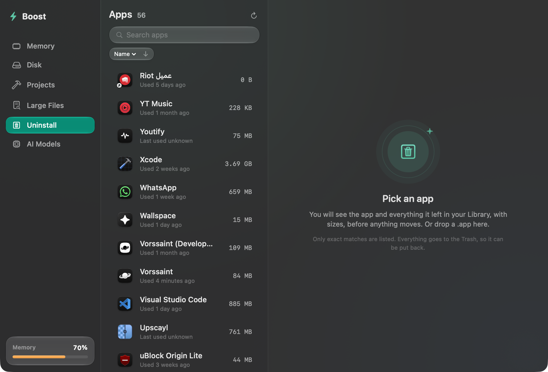 Boost's Uninstall tab: a searchable list of installed apps with sizes and when each was last used.
