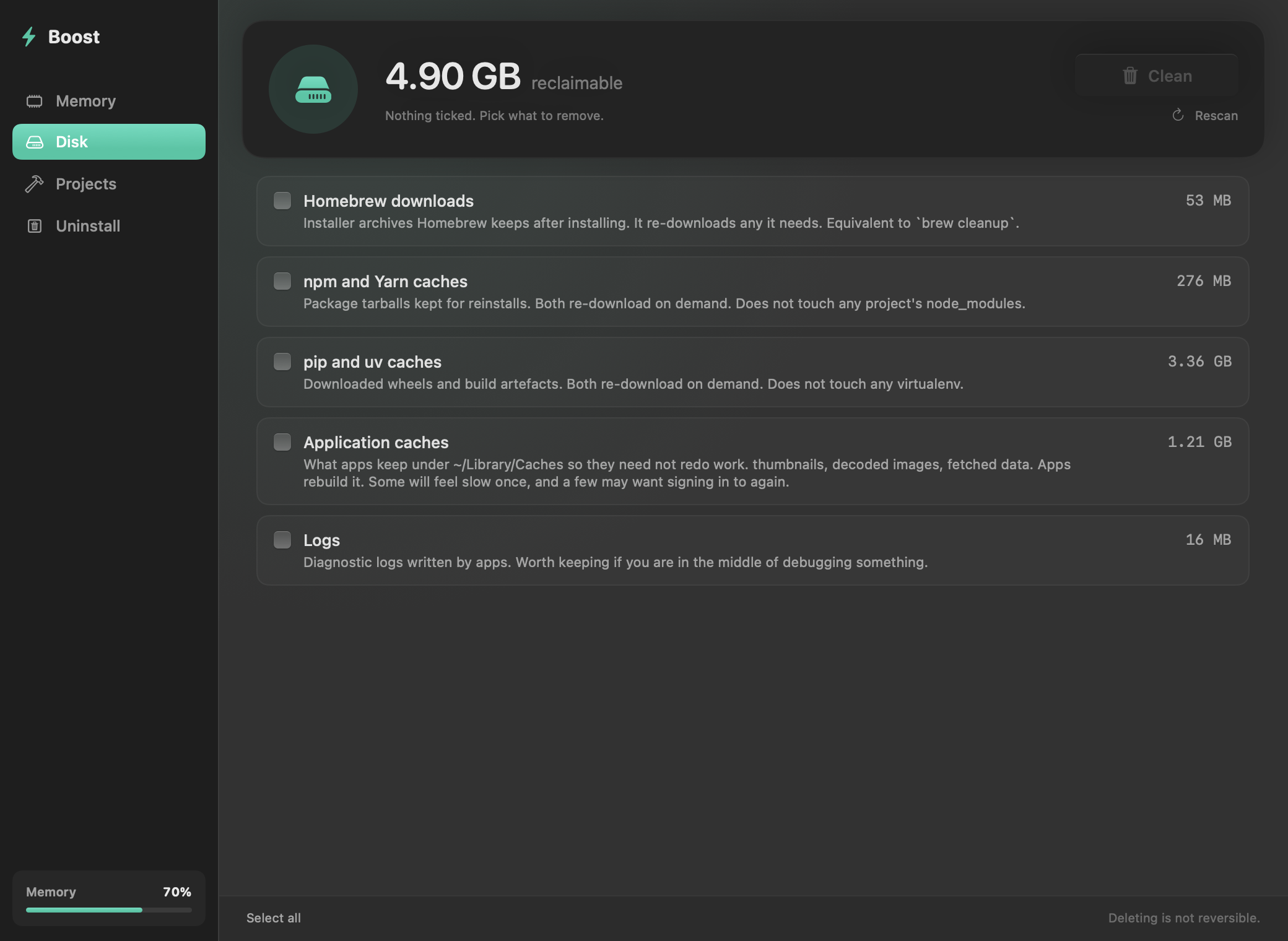 Boost's disk tab listing reclaimable caches