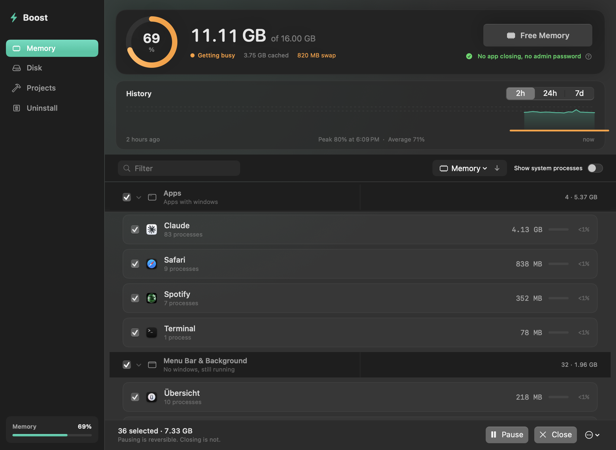 Boost's memory tab with a pressure gauge, history chart and grouped app list