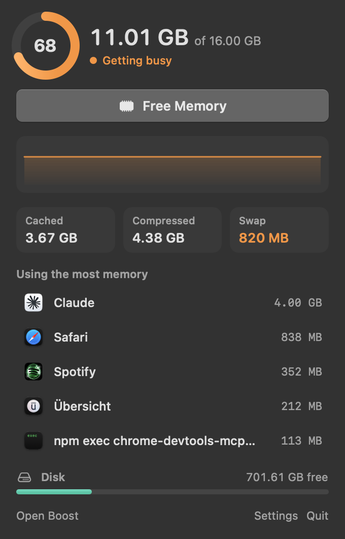 Boost's menu bar popover showing memory pressure, a graph, and the apps using the most memory
