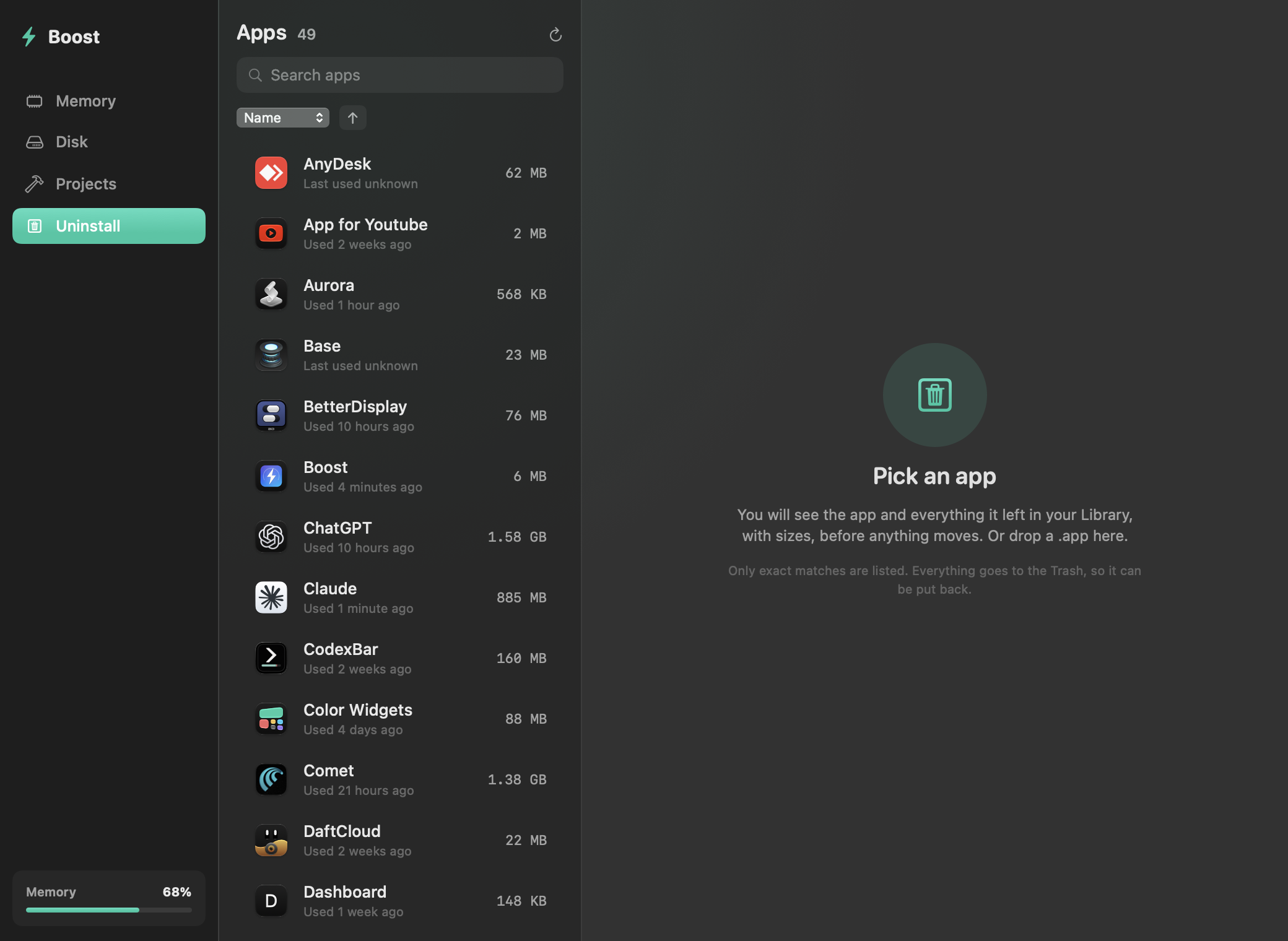 Boost's uninstall tab listing installed apps