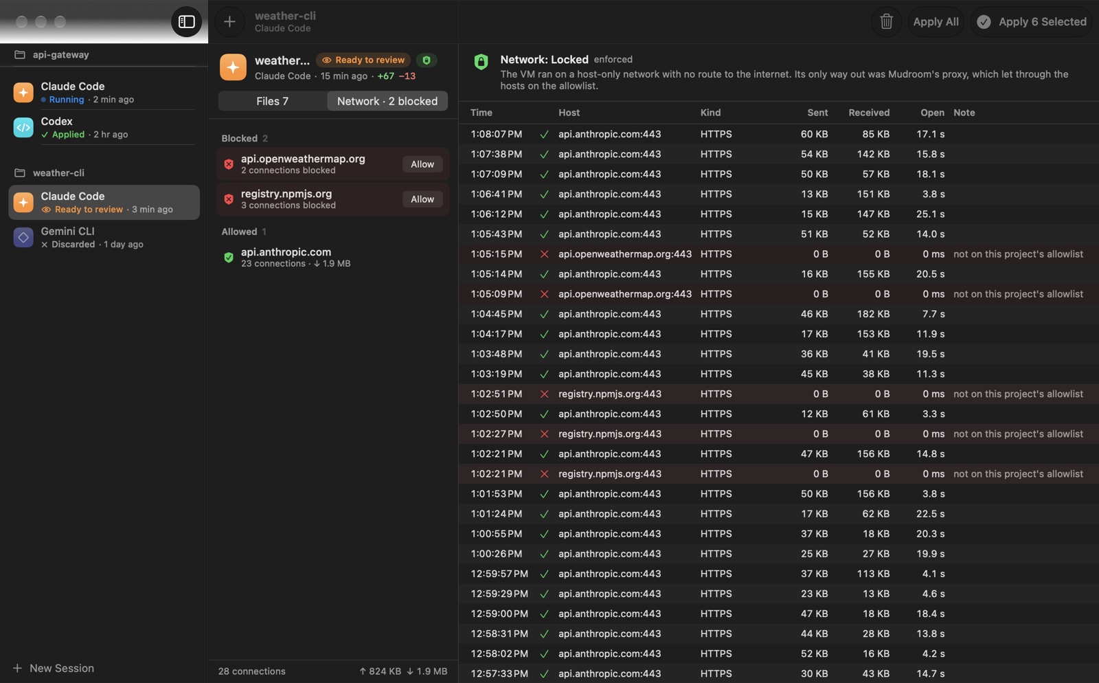 Mudroom's network view listing allowed and blocked connections for a session
