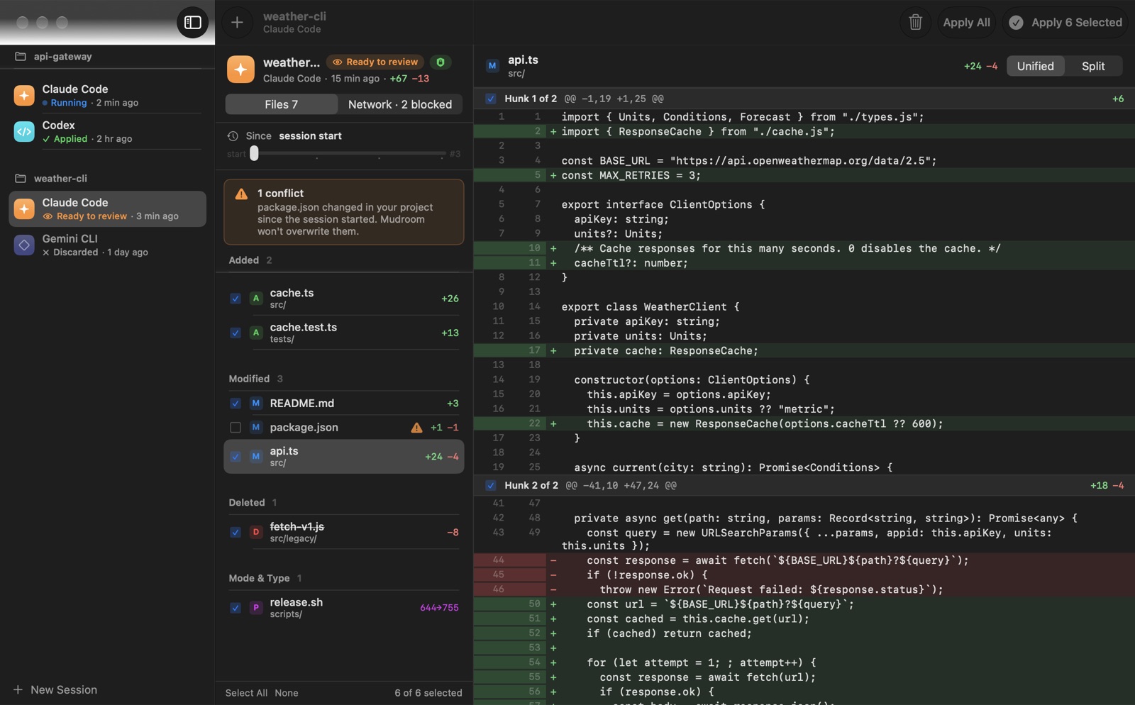 Mudroom's review screen: a session's changed files on the left, a per-hunk diff on the right, and a warning that package.json changed in the project since the session started