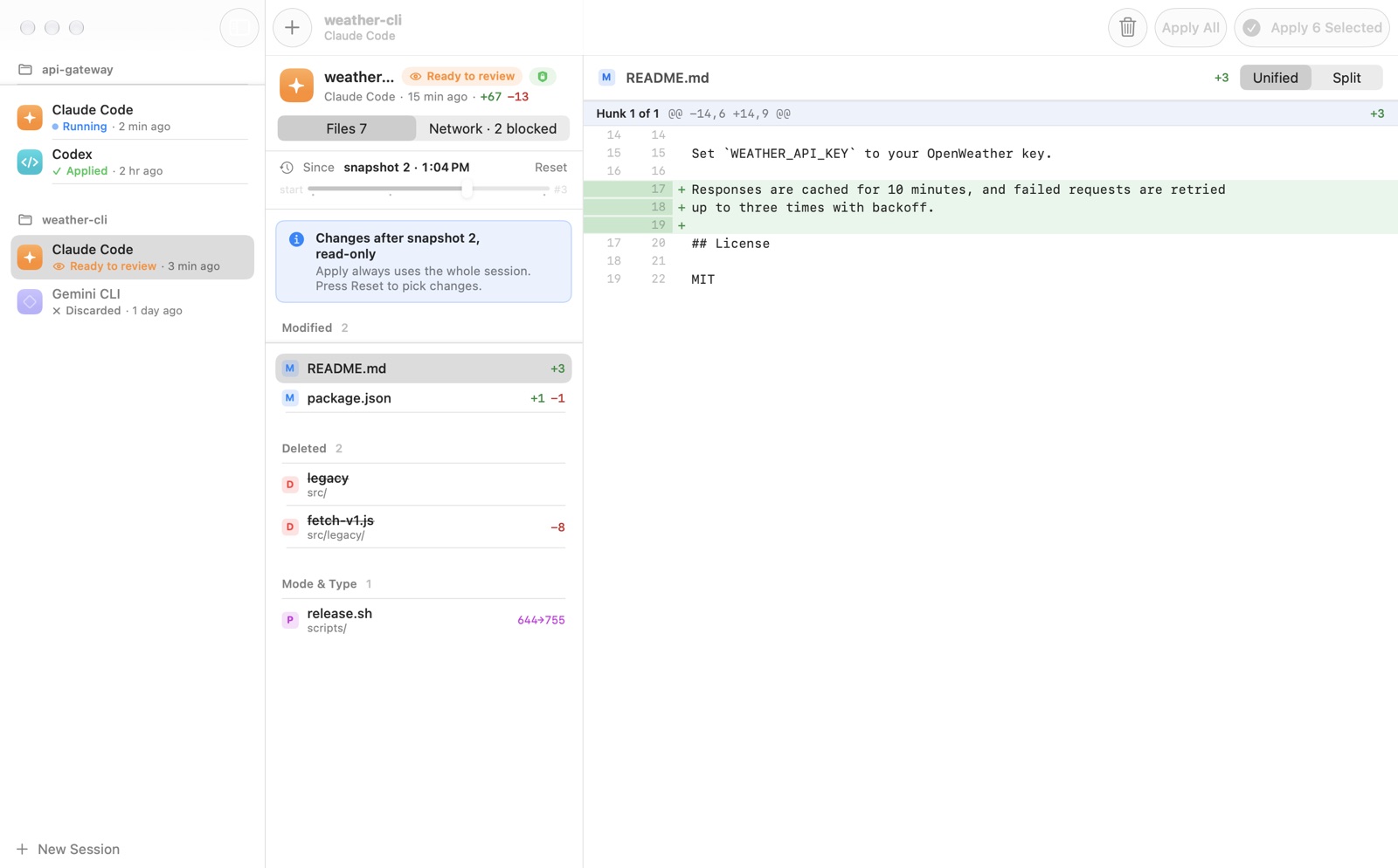 Mudroom's snapshot timeline for a session